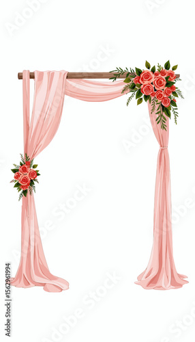 Elegant pink wedding arch with floral decorations and draped fabric  