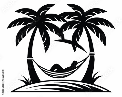 Relaxing silhouette of person in hammock under palm trees on a tropical island. hammock, palm trees, island, tropical, beach.