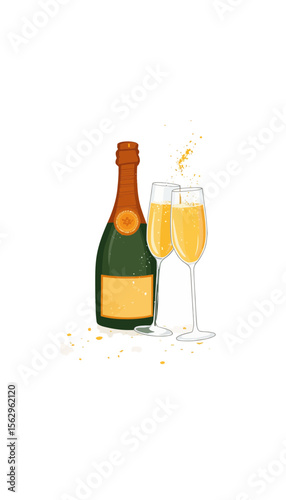 Champagne bottle with two flutes filled with sparkling wine  