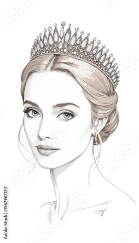 Woman wearing a crown with elegant hairstyle and confident expression  