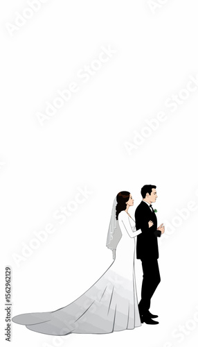 Couple in wedding attire standing together against white background  