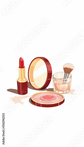 Set of makeup products including lipstick, blush, and brushes  