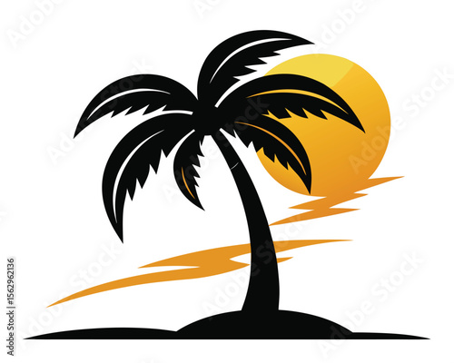 Stylized palm tree silhouetted against a bright orange sun setting over the ocean.