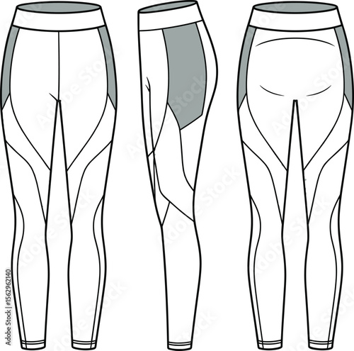 Women's Athletic Leggings Technical Flat Sketch, Front, Side, and Back Views, Fitness Apparel Template, Workout Bottoms, Sportswear Design, Detailed Outline for Digital Art.