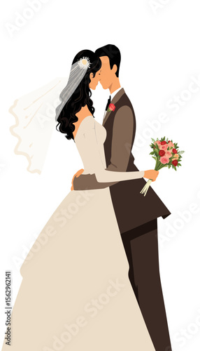 Bride and groom kissing while holding bouquet on white background  