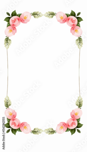 Floral frame with pink roses and green leaves on white background  