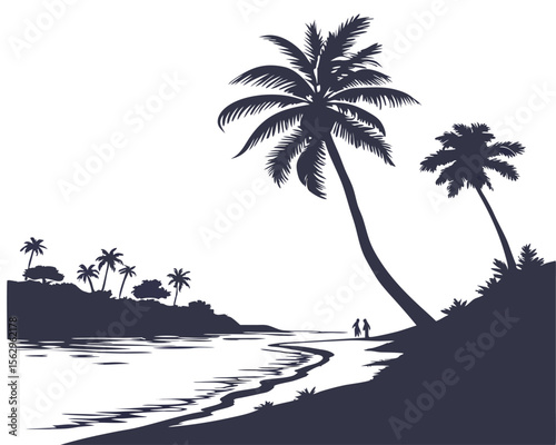 Silhouetted tropical beach scene featuring palm trees and a person walking the shoreline.