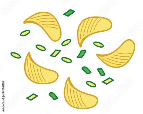 Cartoon illustration featuring potato chips with green onion pieces scattered on white background.