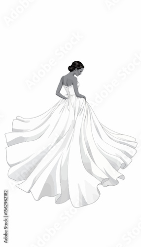 Elegant woman in white dress with flowing skirt on white background  