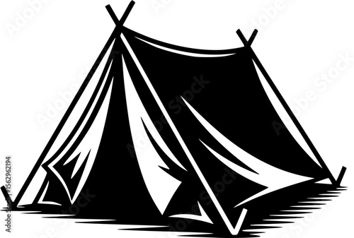 Bold black silhouette of pitched A-frame tent with stakes, perfect for summer camping designs