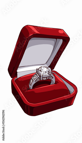 Diamond ring in red velvet box with open lid  