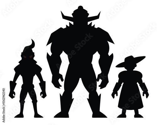 Silhouetted stylized characters of varying sizes depicted against a clean white background.