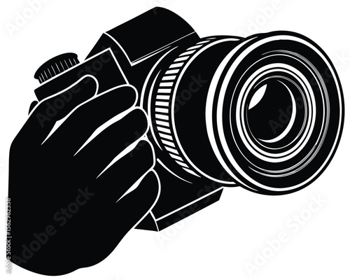 A stylized monochrome illustration depicting a hand holding a dslr camera ready to capture photos.