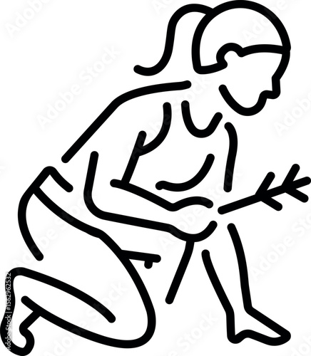 A linear icon showing a character sitting in a crouching pose 