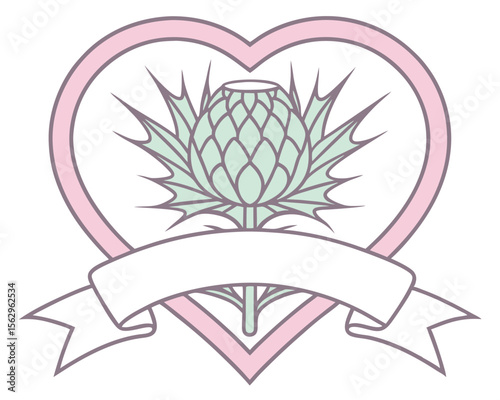 Scottish thistle emblem inside a pink heart with banner for text decoration design. heart, emblem, floral, plant.