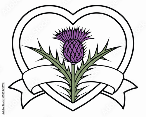 A colorful illustration of a floral thistle emblem within a heart and ribbon design. purple, green, floral, flower, badge.