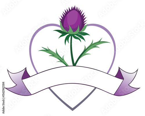 Scottish thistle emblem within a heart shape with a blank floral ribbon for text or logo.