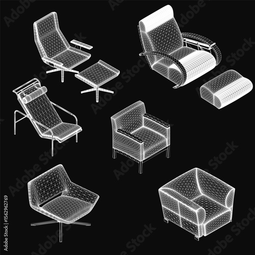 A set of stylish armchairs and ottomans arranged symmetrically on a black background, each with a unique modern design. The chairs feature a gradient of light to dark colors, creating a sophisticated.