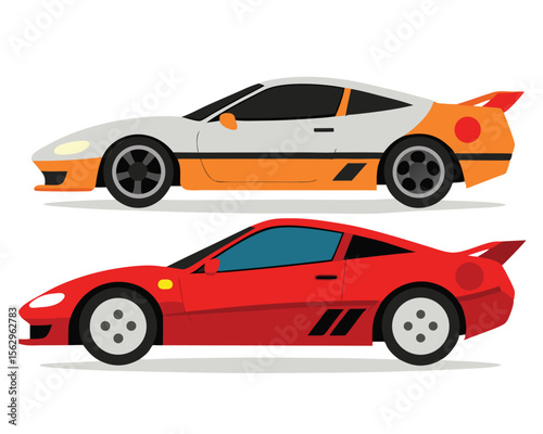 Flat design illustration of two stylish sports cars in vibrant orange white and red colors.