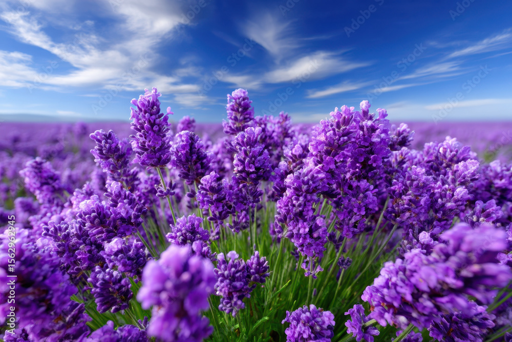 Obraz premium Vibrant lavender fields under a clear blue sky in full bloom during summer afternoons