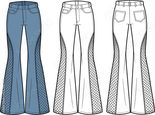 Women's Flared Jeans Technical Flat Sketch, Front, Back, and Textured Views, Fashion Apparel Template, Denim Bell Bottoms, Modern Style, Detailed Outline for Digital Art.