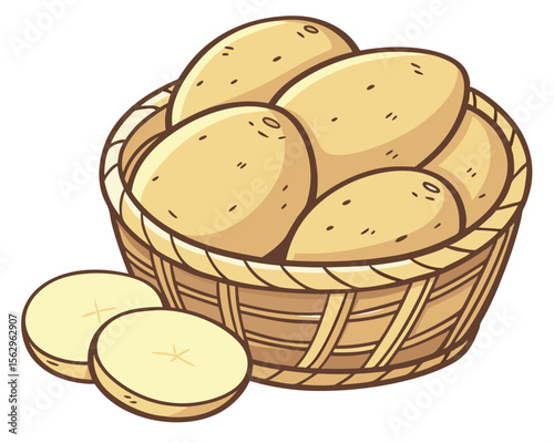 Cartoon illustration of fresh potatoes in a wicker basket with sliced potatoes nearby.