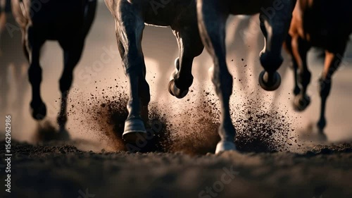 Close-Up Of Running Horses Hooves Kicking Up Dust On A Dirt Track During Golden Hour