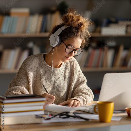 A student attending online class on laptop while taking notes