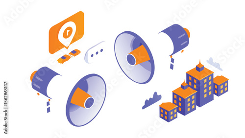 Isometric view of megaphones with location icon cars and buildings in orange and purple tones design
