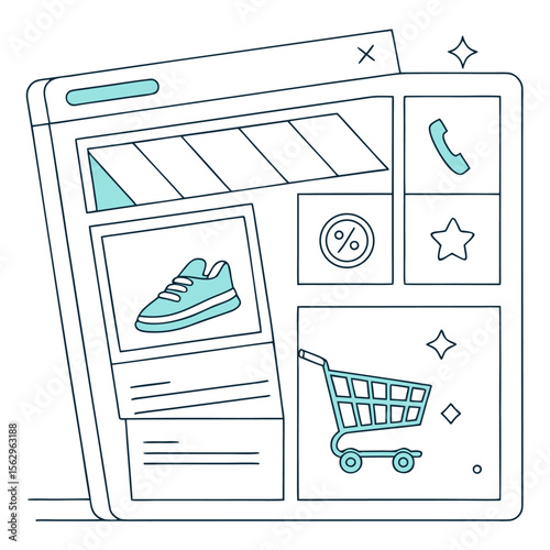 Online shopping interface displaying a shoe product shopping cart discount percentage phone icon and star for favorites representing e commerce and digital retail