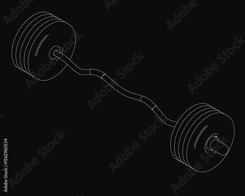 Black and white barbell drawing with sleek curved handles and straight bars, set against a stark black background. The minimalist design highlights the modern fitness equipment with strong contrast.