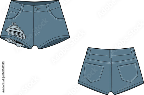 Vector fashion illustration of trendy ripped denim shorts for kids, front and back views, stylish summer clothing design template, casual wear mockup, editable outlines