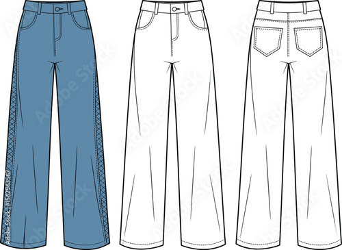 Women's Wide Leg Jeans Technical Flat Sketch, Front, Back, and Detailed Views, Fashion Apparel Template, Denim Bottoms Design, Modern Casual Wear, Stylish Outline for Digital Art.