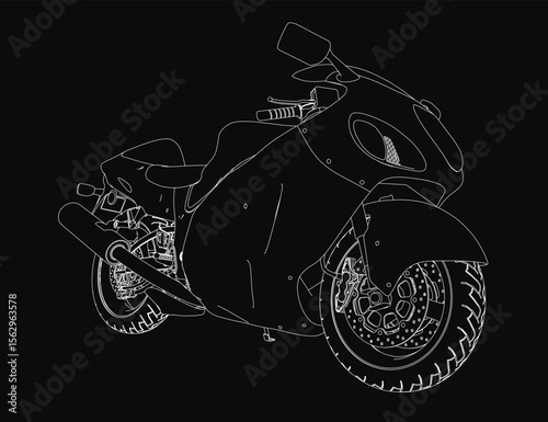 A black and white vector-style motorcycle stands out against a solid black background, featuring detailed handlebars, a sleek seat, and prominent wheels.