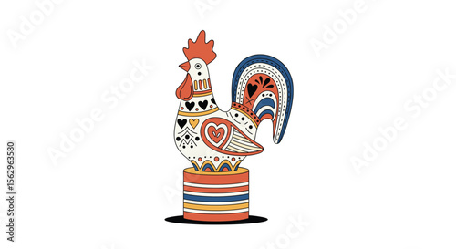 Decorative Rooster Figure Folk Art Illustration in Pixelated Style on a White Background