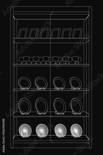Black and white drawing of a bookcase with neatly arranged plates and glasses on the shelves. The dark background highlights the shop window display, creating a striking contrast.