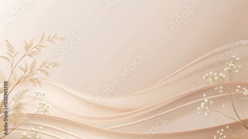 Elegant Beige Draped Fabric Background with Delicate Floral Accents and Space for Text
