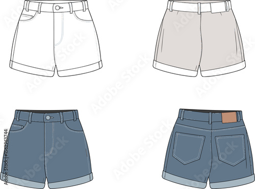Women's Fashionable Cuffed Denim Shorts and Casual Cotton Shorts Flat Vector Illustration - Essential CAD Drawing Apparel Design for Modern Wardrobes