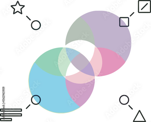Illustration of overlapping circles with shapes connected to them on yellow