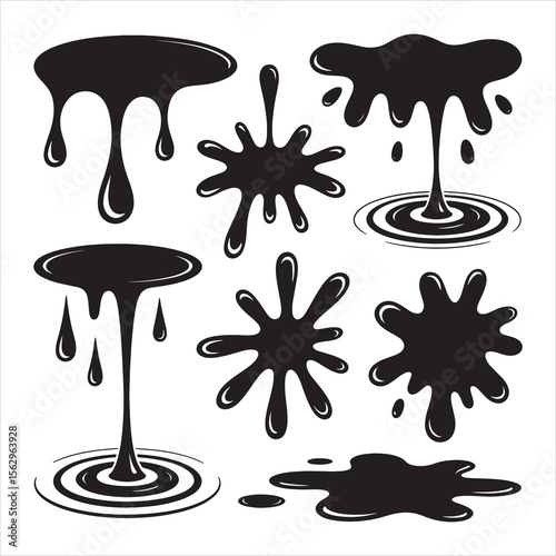 Black Ink Drops and Water Droplets Vector Set Isolated on White Background – Abstract Splash, Stain, Splatter Elements Collection