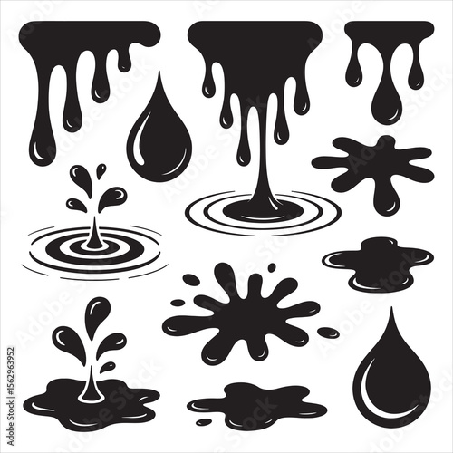 Black Ink Drops and Water Droplets Vector Set Isolated on White Background – Abstract Splash, Stain, Splatter Elements Collection