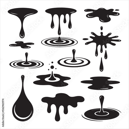 Black Ink Drops and Water Droplets Vector Set Isolated on White Background – Abstract Splash, Stain, Splatter Elements Collection