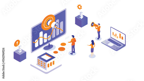 Isometric illustration of team analyzing data on computer and laptop with marketing megaphone icon