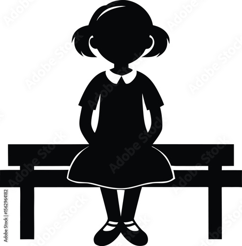school girl sitting on a bench  black silhouette vector illustration