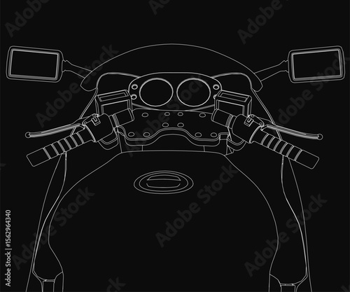 Black and white line art motorcycle with detailed handlebars and mirrors, set against a dark background. The minimalist design highlights the sleek sports bike in a clean, artistic style.