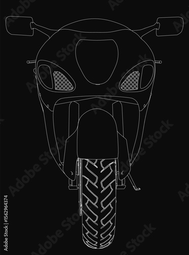 A sleek black and white illustration of a motorcycle, showcasing sharp lines and dynamic angles on a dark background. The detailed drawing highlights the bike's aggressive.