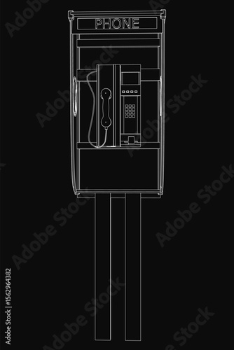 A black and white drawing of a vintage pay phone on a dark background, showcasing its iconic design with detailed handset, coin slot, and rotary dial. The street telephone stands out sharply against.