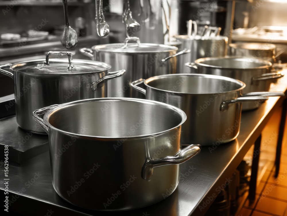 Pots and Pans on Stainless Steel Table: Row of shiny pots and pans on stainless steel table, embodying order, readiness, and the promise of culinary creation. Pots and Pans on Stainless Steel Table: Row of shiny pots and pans on stainless steel table, embodying order, readiness, and the promise of culinary creation.