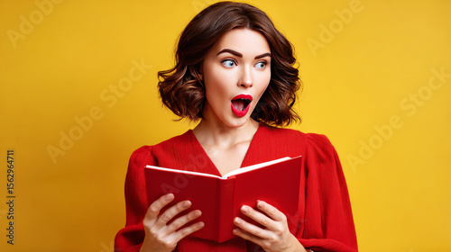 The Story Unfolds: A captivating portrait of a woman enraptured by a book, her expression a mixture of shock and fascination, radiating an aura of intellectual curiosity and delight.