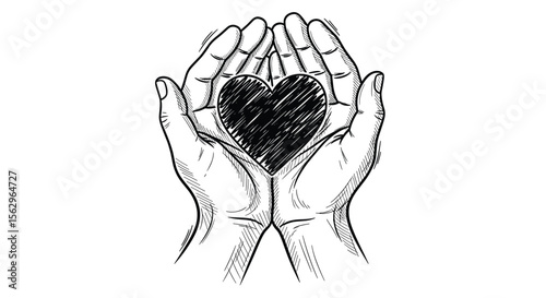 Two Hands Gently Holding and Protecting a Dark Heart Illustration Graphic Design